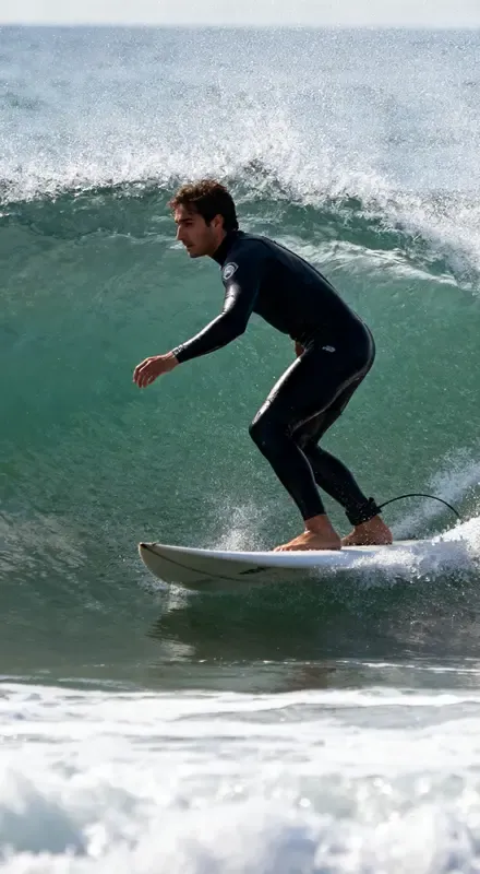 Surfeur en combinaison qui glisse au pied d’une vague verte en train de déferler