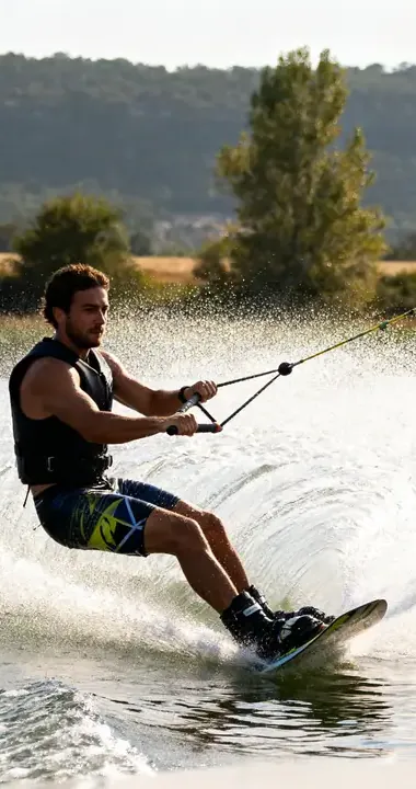 Wakeboardeur tiré par un bateau qui soulève une gerbe d’eau sur un lac ensoleillé