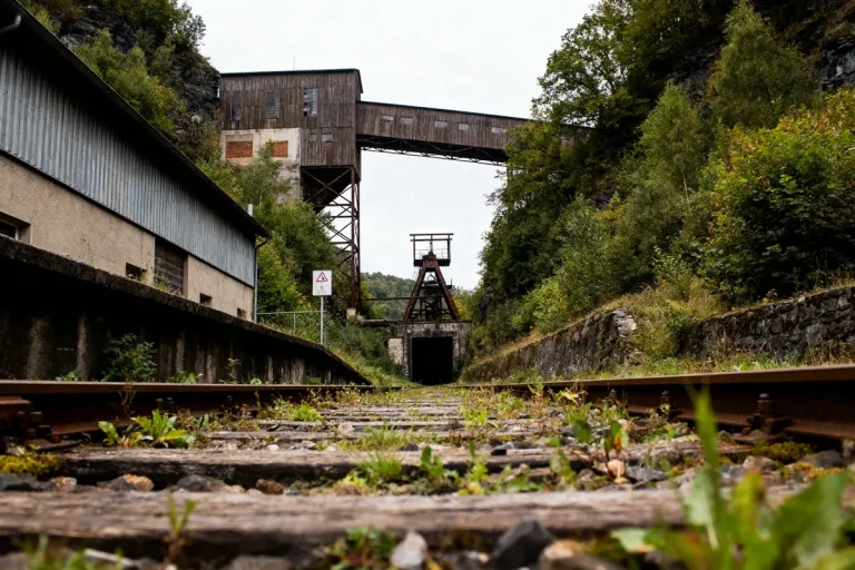 Ancienne mine avec rails abandonnés, végétation envahissante et structure en bois en arrière-plan, entourée d’arbres.