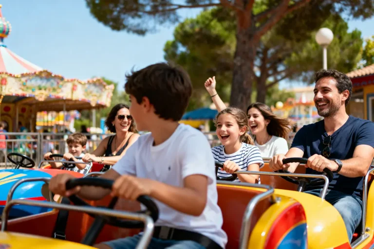 Famille souriante profite d'un tour de manège sous un ciel ensoleillé, ambiance joyeuse et festive.