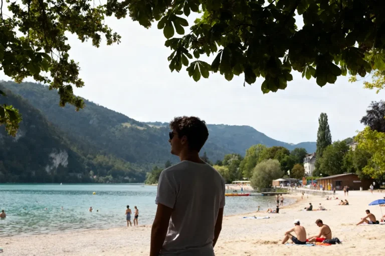 Homme en t-shirt blanc surplombe une plage animée au bord d'un lac entouré de montagnes verdoyantes.