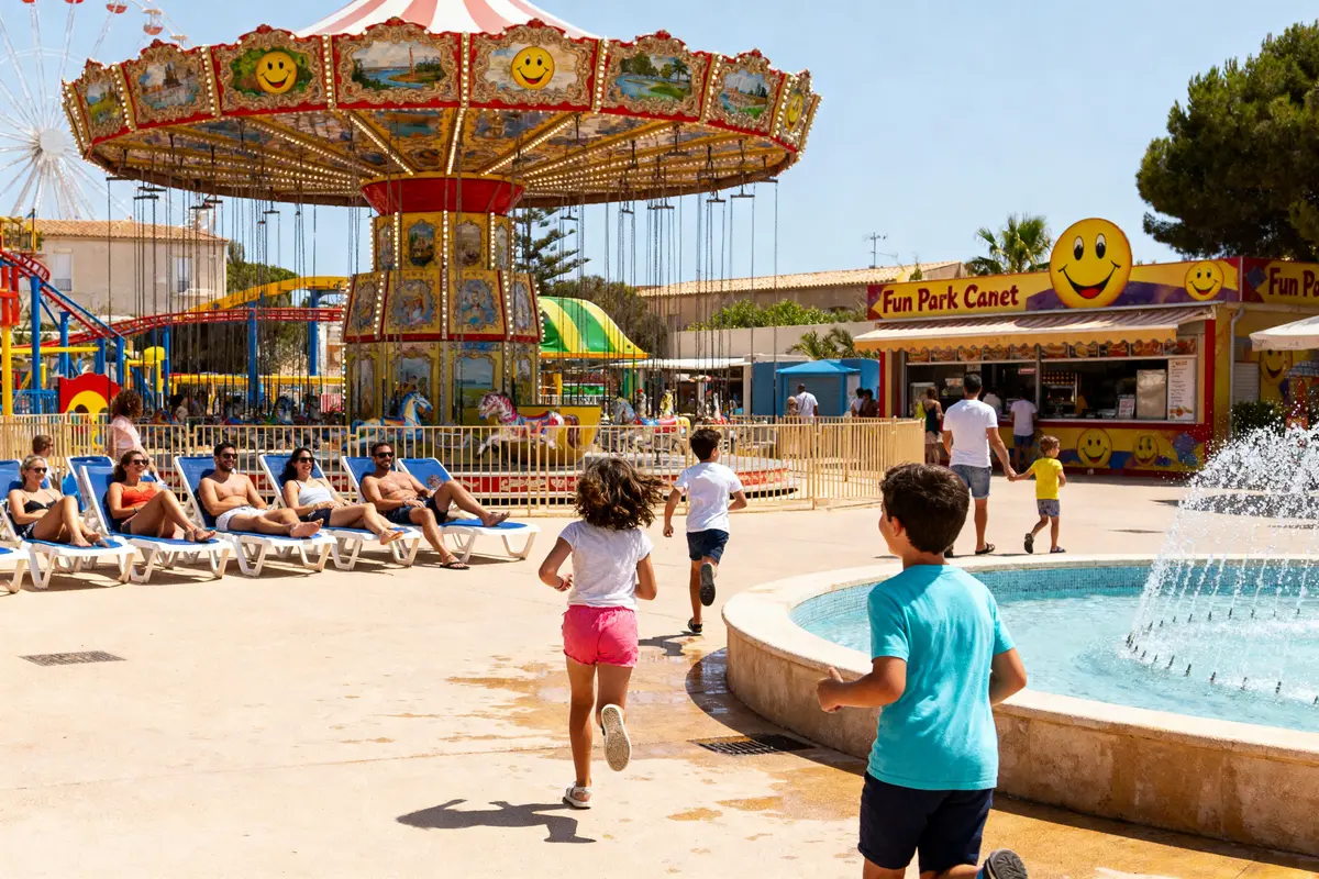 Enfants courant vers un manège coloré dans un parc d'attractions ensoleillé, adultes assis près d'une fontaine.