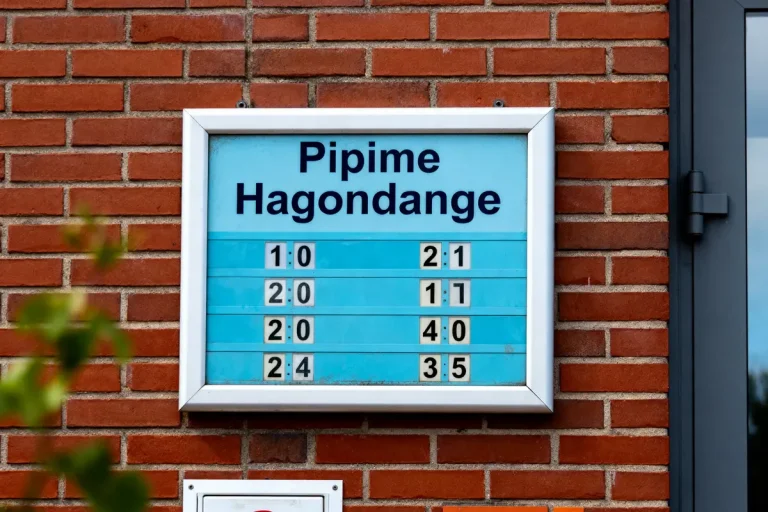 Panneau affichant résultats Pipime Hagondange sur mur en briques rouges.