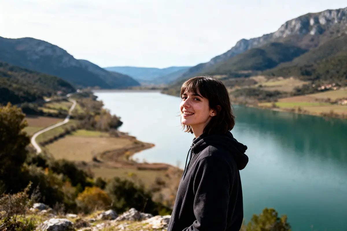 Personne souriant devant un paysage naturel avec lac, montagnes et ciel dégagé.