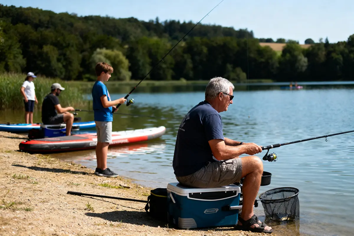 Plusieurs personnes pêchent et font du paddle sur la rive d’un lac entouré de forêt.