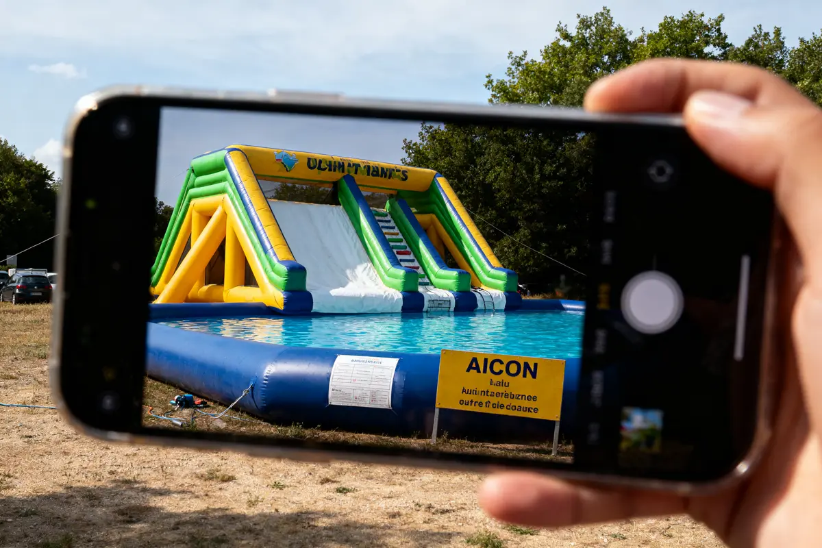 Une main tient un smartphone, photographiant un toboggan gonflable sur une piscine extérieure ensoleillée.