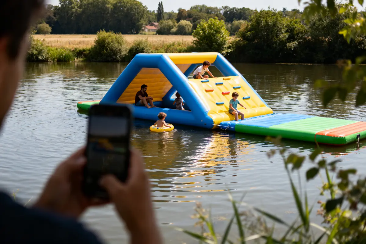 Enfants et adultes s'amusent sur un jeu gonflable flottant sur un plan d'eau en plein air.