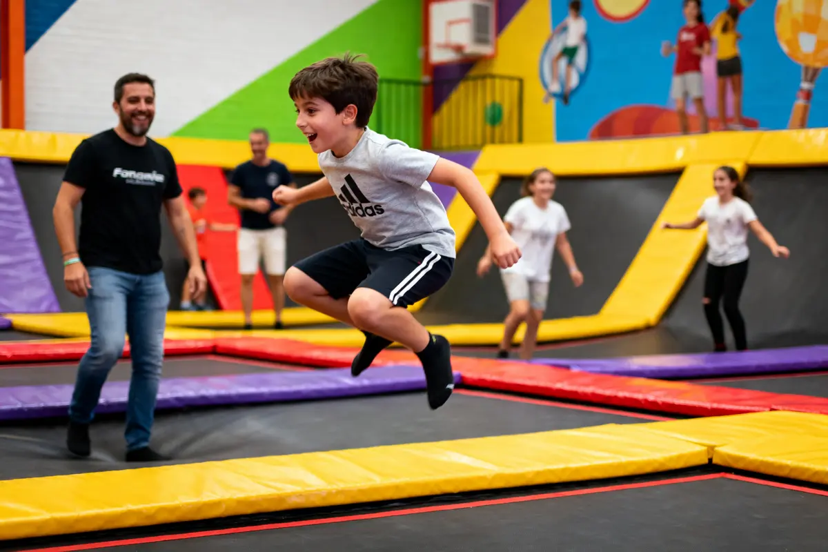 Enfants joyeux sautant sur trampolines multicolores dans un parc d'attractions intérieur animé et coloré.