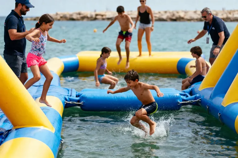 Des enfants jouent sur une structure gonflable aquatique, encadrés par des adultes, par une journée ensoleillée.