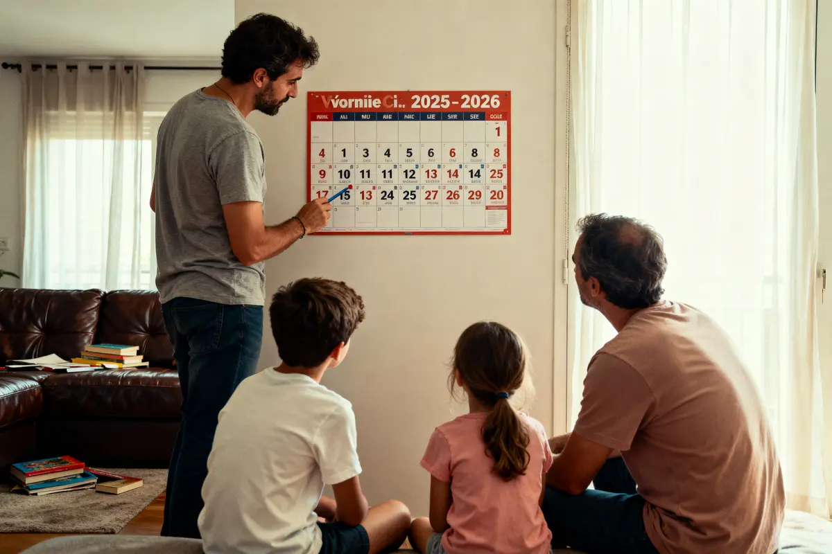 Un homme explique le calendrier 2025-2026 à trois enfants attentifs dans un salon.