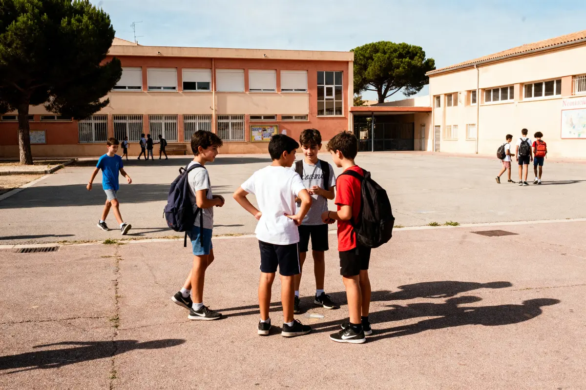 Groupe de garçons discutant dans une cour d'école entourée de bâtiments et d'arbres.