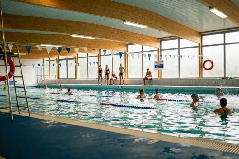 Piscine intérieure avec nageurs et spectateurs pour souscrire un abonnement piscine familial.