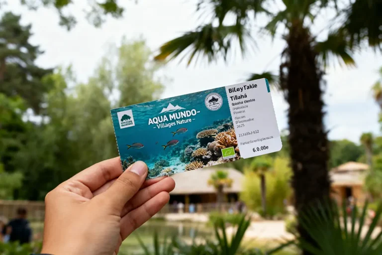 Main tenant des billets pour Aqua Mundo -Villages Nature devant un décor exotique verdoyant