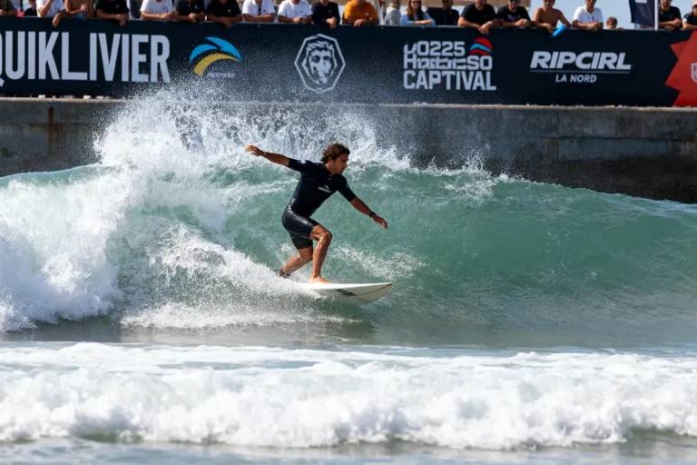 Surfeur exécutant une manoeuvre audacieuse pendant la compétition surf Hossegor 2025 devant spectateurs
