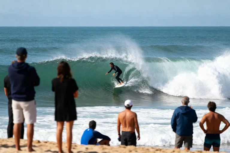 Surfeur chevauchant une vague devant spectateurs lors de la compétition surf Hossegor 2025
