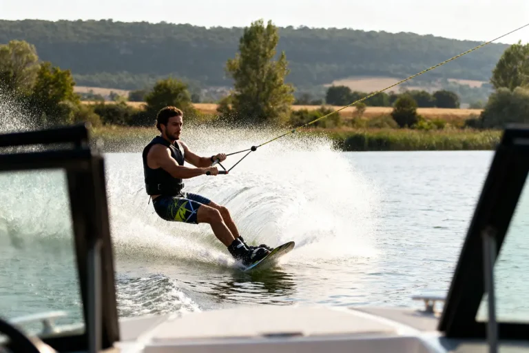 Wakeboarder glissant sur l'eau tiré par un bateau dans un paysage naturel verdoyant
