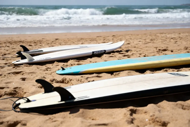 Planches de surf colorées sur la plage, prêtes pour les vagues et l'action.