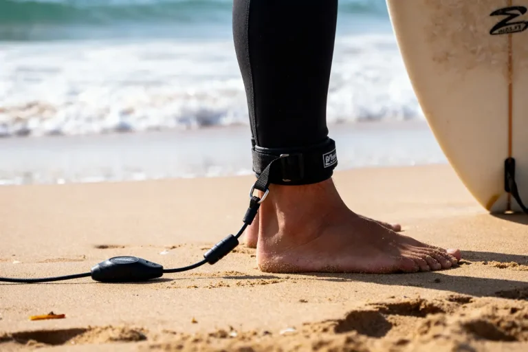 Surfeur attachant un leash de planche de surf à sa cheville sur la plage