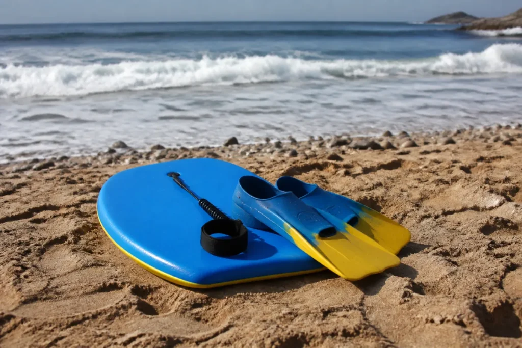Bodyboard en mousse, palmes et leash posés sur le sable d'une plage